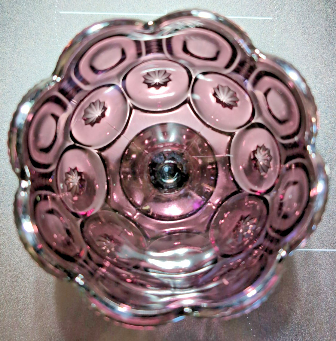 Vintage LE Smith Amethyst Glass Moon & Stars Lidded Compote/Candy Dish 8″