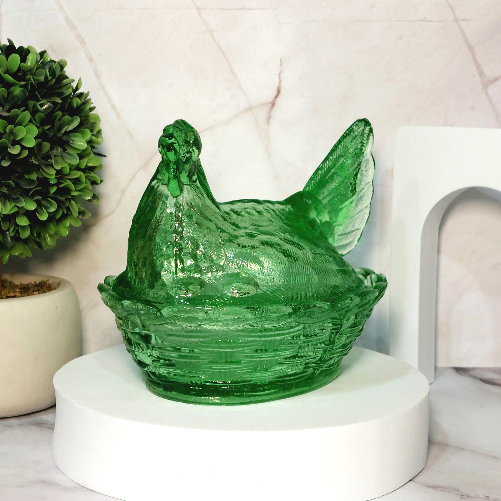 Hen on Nest Chicken Green Depression Style Glass Candy Dish, Vintage Style Decor