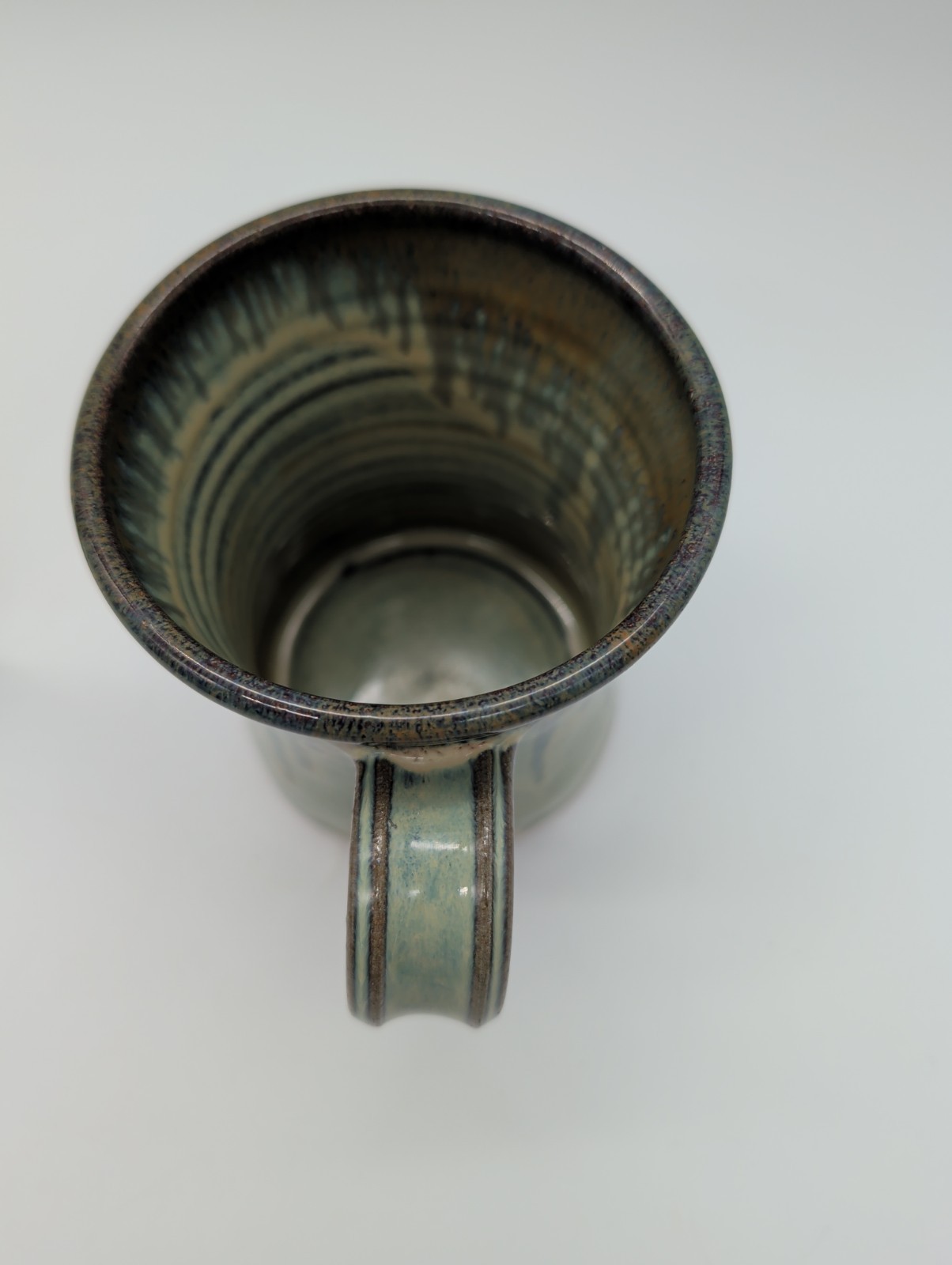 Studio Pottery Hand Thrown Stoneware Hourglass Mug Green Copper Drip Glaze