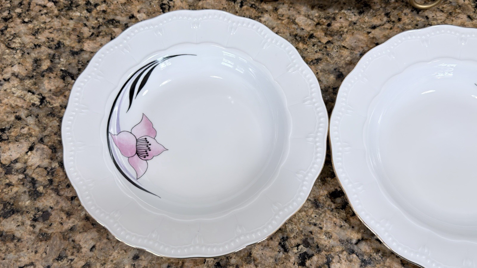 Vintage Danish Design Atelier Pink Floral Gold Trim Rim Soup Bowls Set of 3-9”