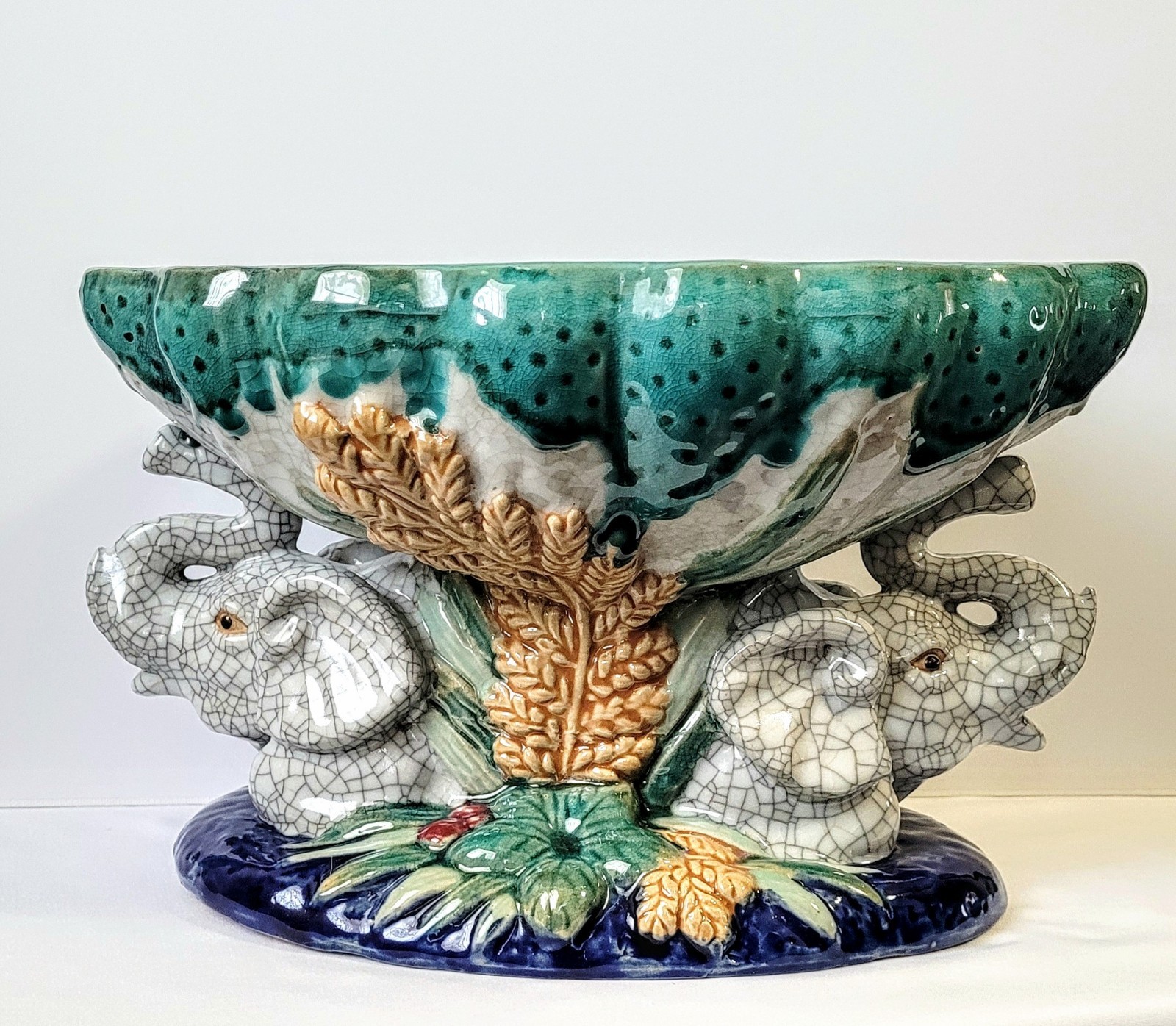 Vintage Italian Majolica Elephant Compote Centerpiece Bowl —Crackle Glaze Finish