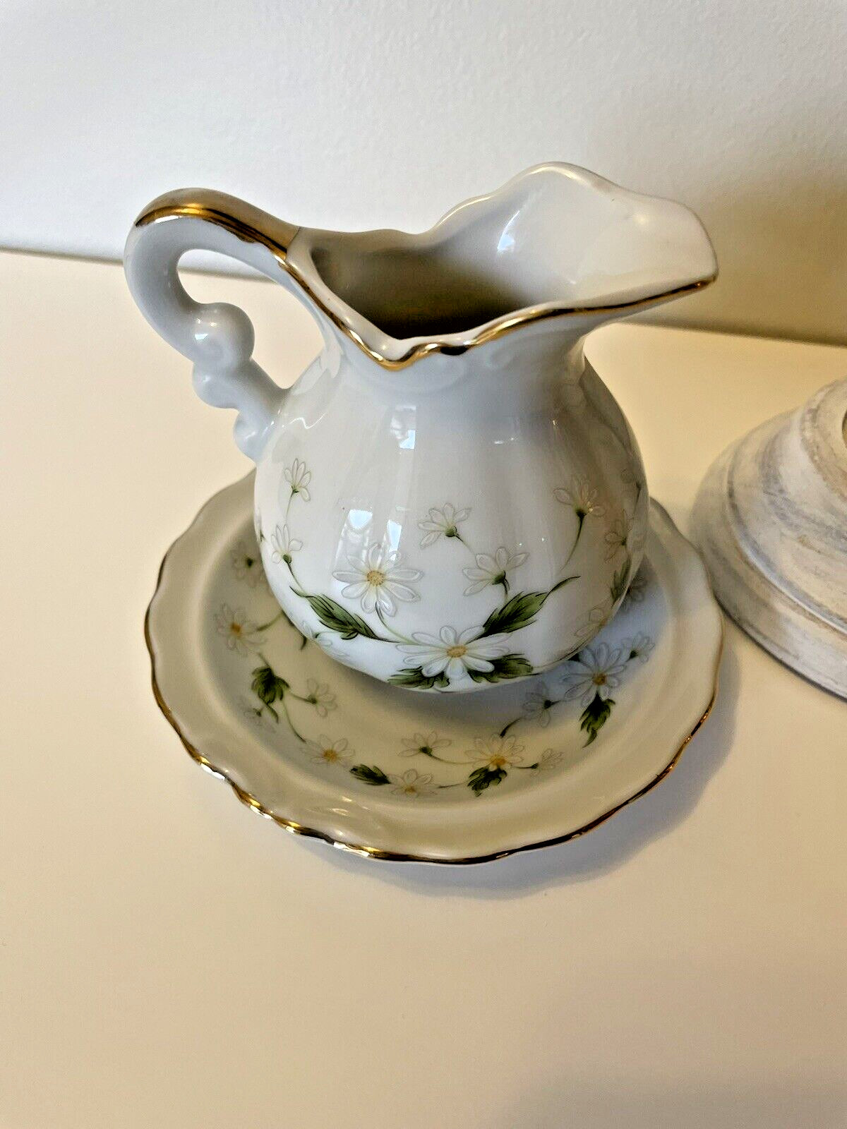 1987 Lefton China miniature pitcher creamer saucer White Daisy Floral Gold Trim