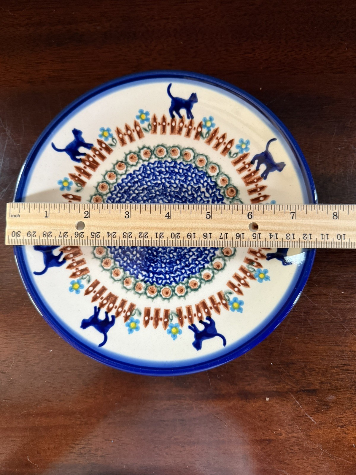 Ceramika Vena Polish Pottery Salad / Dessert Plate Cats & Fences 7.75″