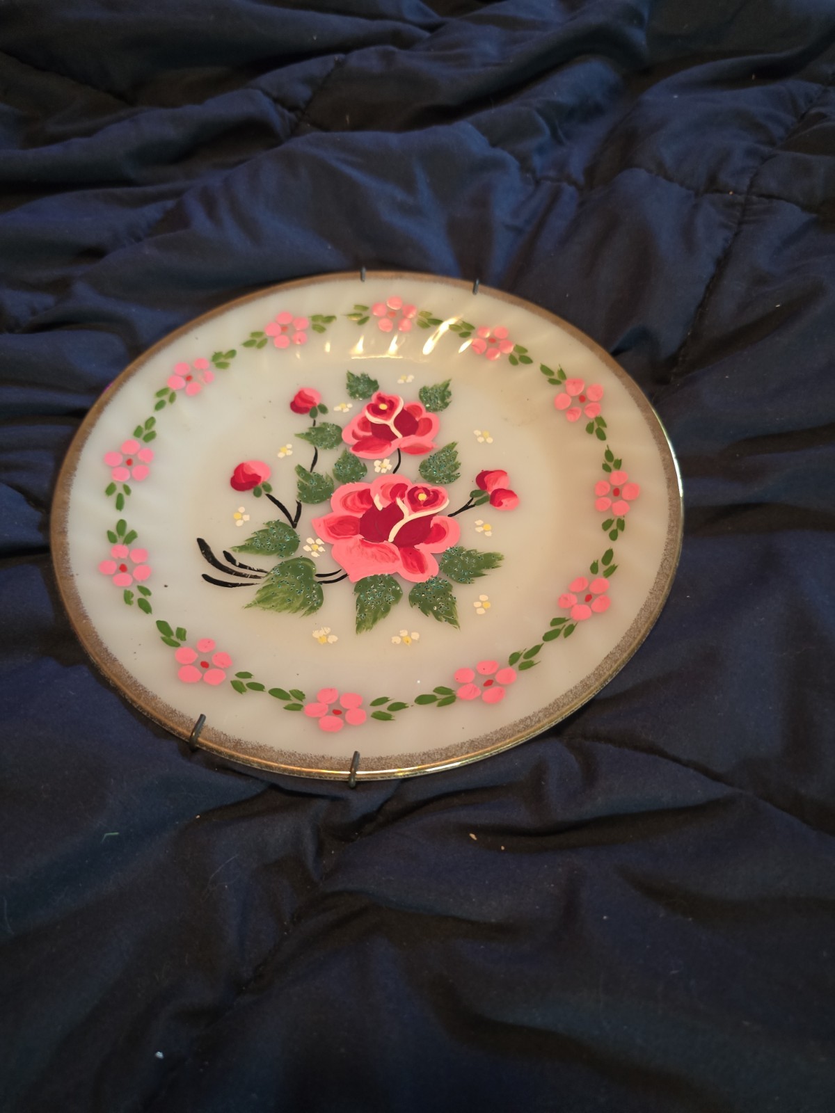 Glass Decorative Plate White Pink Green Gold Floral Round Glossy Finish