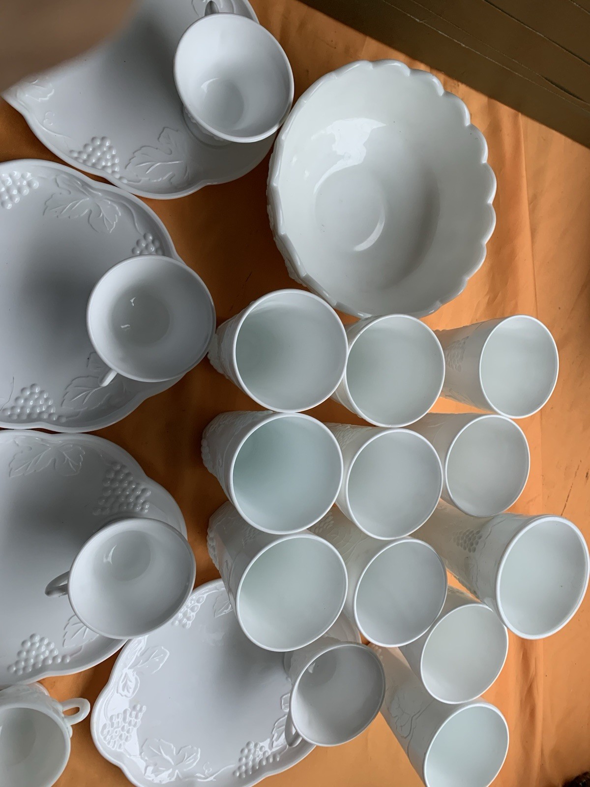White Ceramic Grapevine Embossed Dinner Set Plates Cups Bowls Tumblers Vintage