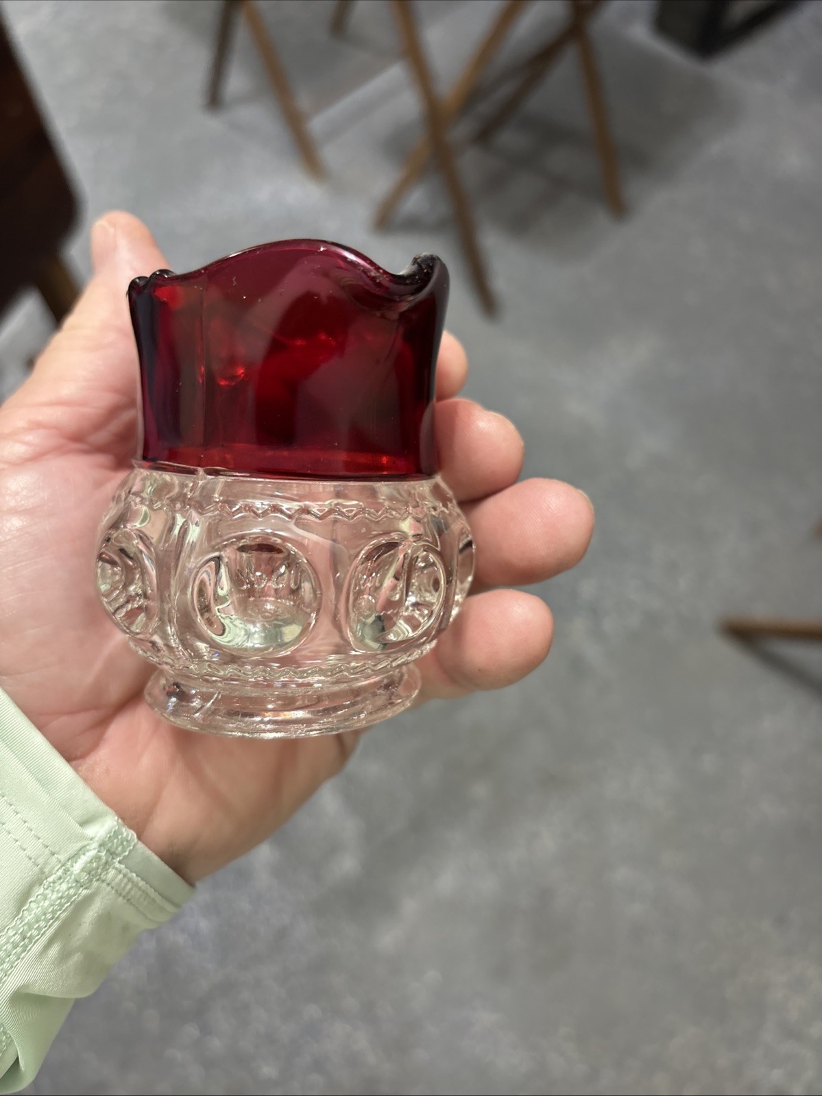 King’s Crown Thumbprint Ruby Creamer Glass Saw Tooth Style 3 Inches Tall