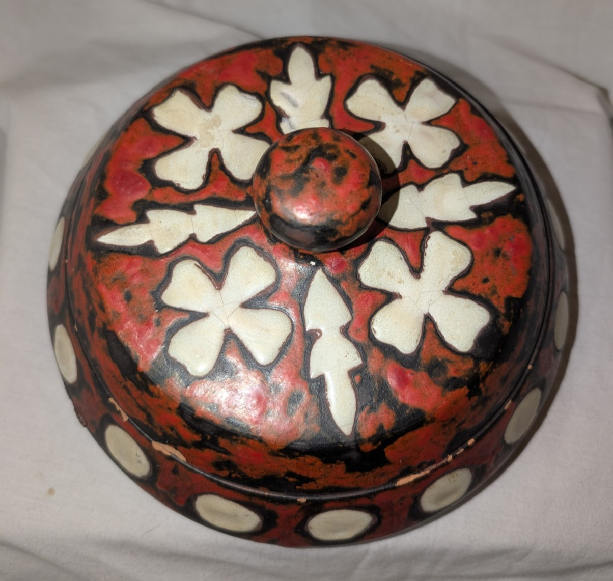 Ceramica Jardim Curitiba Red, White & Black Glazed Pot/Container w/ Lid