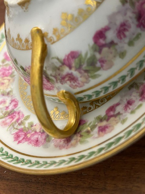Antique GDA CF Haviland Limoges Two-Handled Cream Soup Bouillon Cup & Saucer