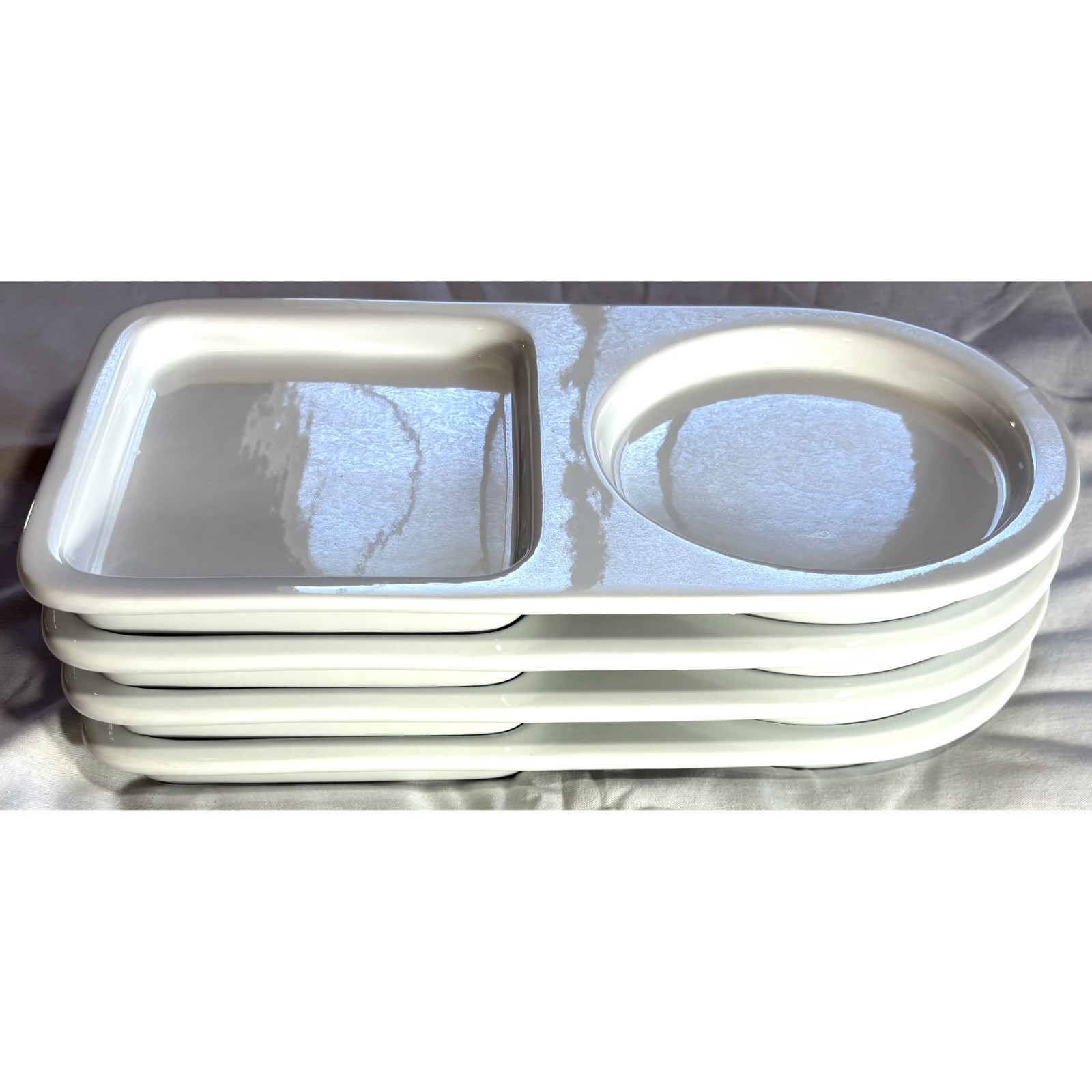 4 BIA Cordon Bleu White Divided Porcelain Soup Sandwich Plates 12 5/8″ x 6 5/8″