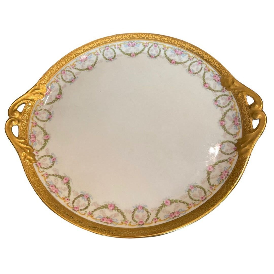 Redon Handled Cake Plate Rose Garland Wreath Pattern Vintage 11″ Gold Verge