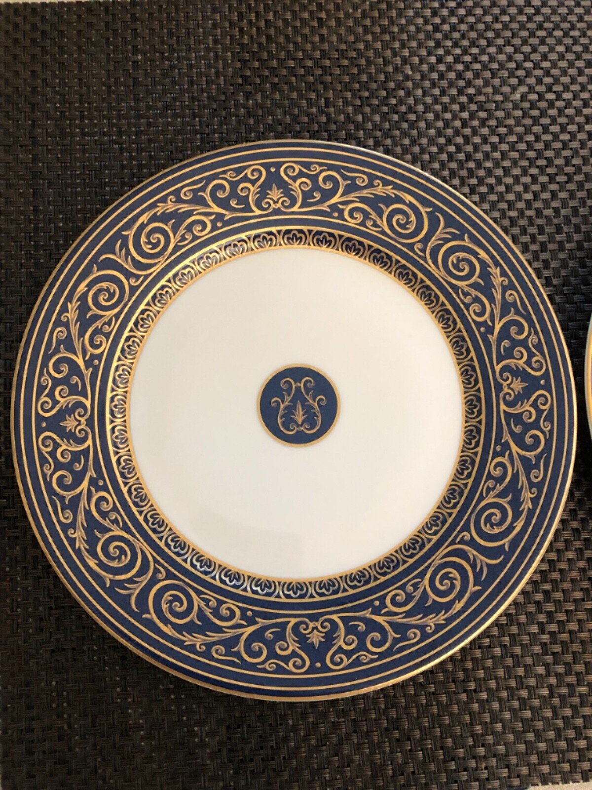 S/2 Philippe Deshoulieres FRANCE Blue & Gold Scrolls 8 3/4″ Salad Plates NEW