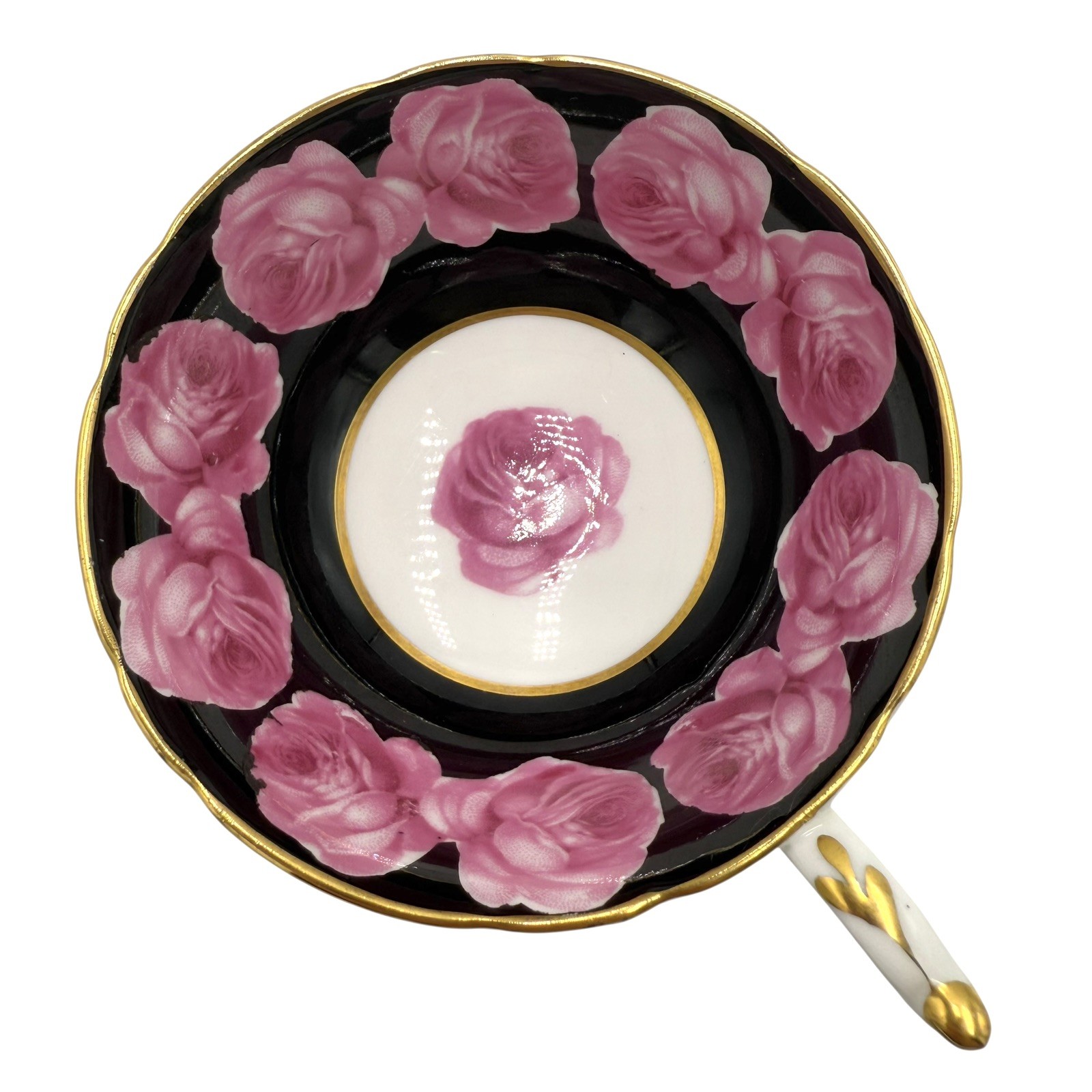 Paragon Pink Cabbage Rose Garland Black Gold Teacup & Saucer Double Warrant