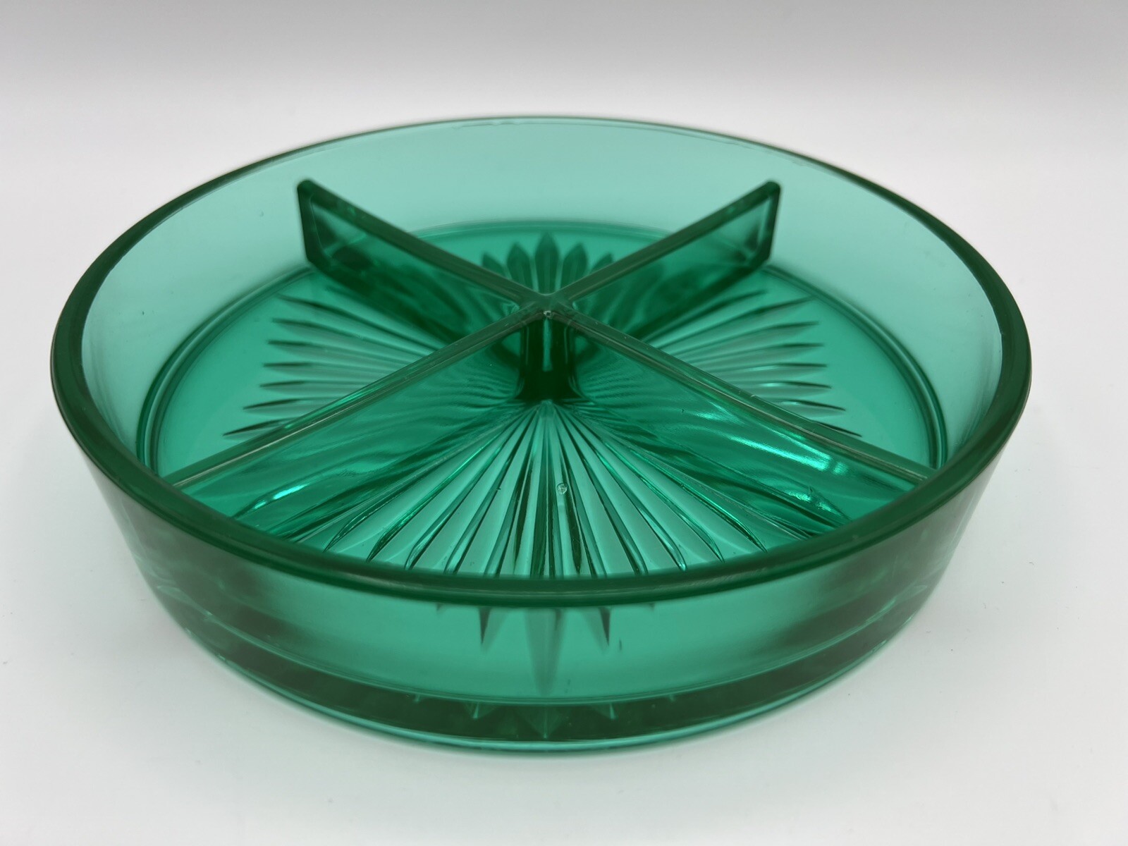 Uranium Glass Emerald Green Divided Relish Nut Dish Metal Silver Basket 8” VNTG