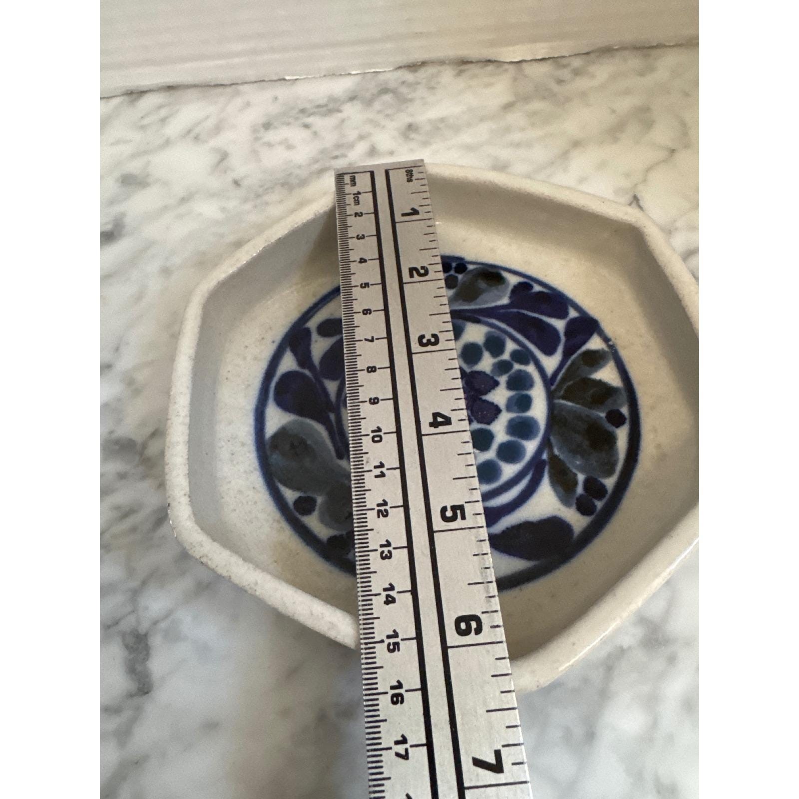 John Fassbinder Signed Studio Pottery Hexagon Floral Stoneware Dish Blue Cream