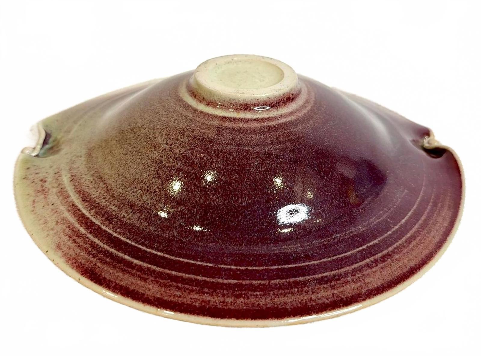 Vintage Oxblood Stoneware 9 in Bowl Decorated Notched Rim Studio Pottery Signed