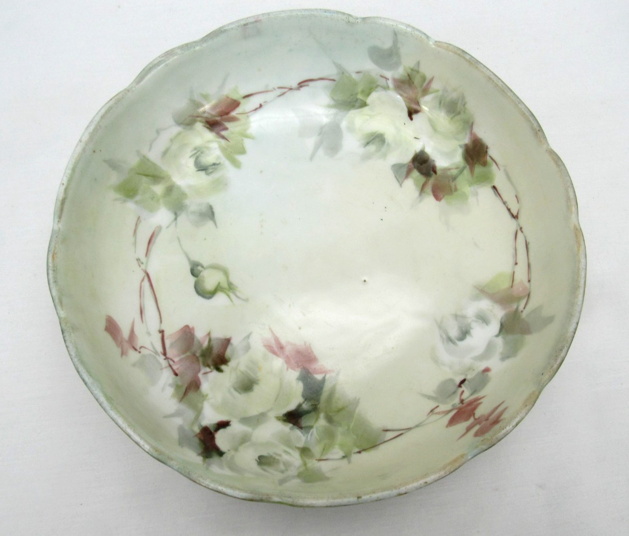 Antique Hand Painted tri Footed Bowl Green with yellow Roses 7.25 inch Dish