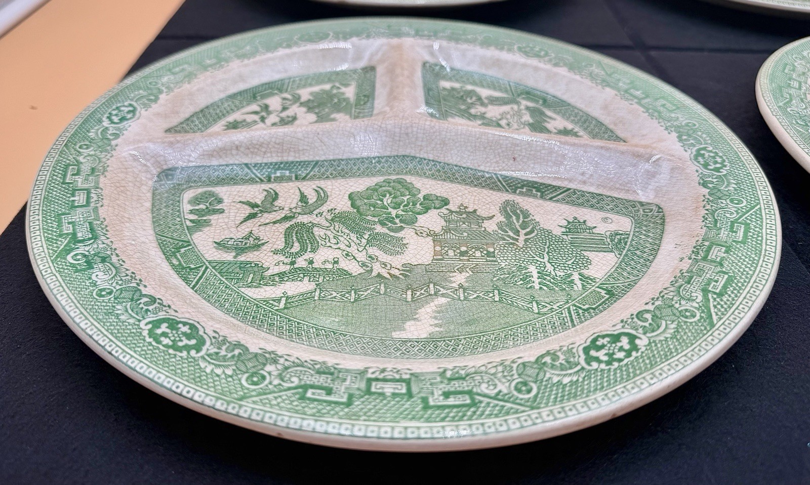 Vintage Romarco Ware Green Willow Divided Grill Plate 1950’s England (4 Pcs)