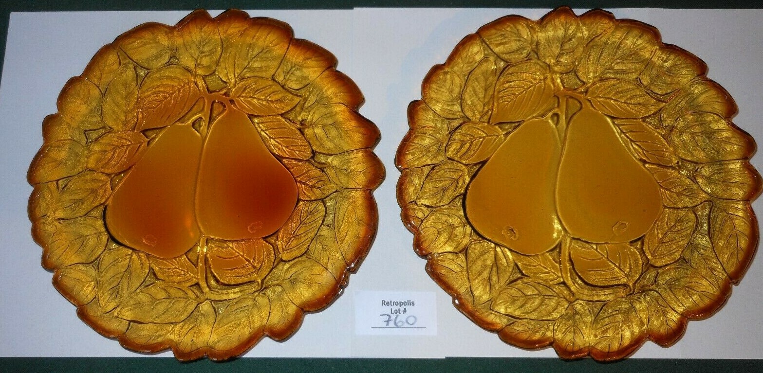 2 Tiara Indiana Glass 8″ Plates Burnt Honey SWEET PEAR Avocado