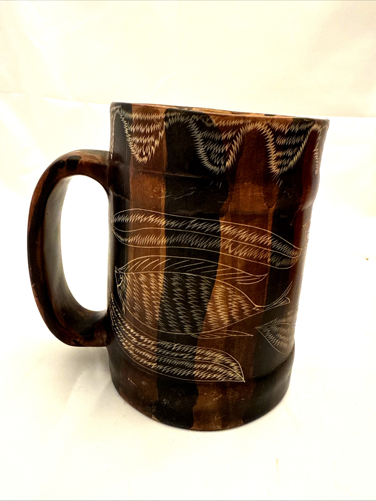 Scrimshaw Like Fish, Plants Waves Ceramic Mug 16oz Art Pottery Not Signed Unique