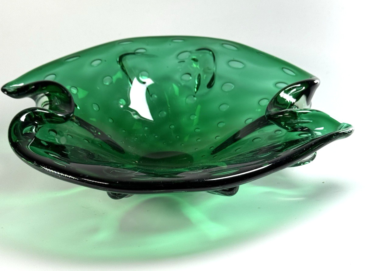 Hand Blown Controlled Bubble Dark Green Thick Glass Decor Bowl
