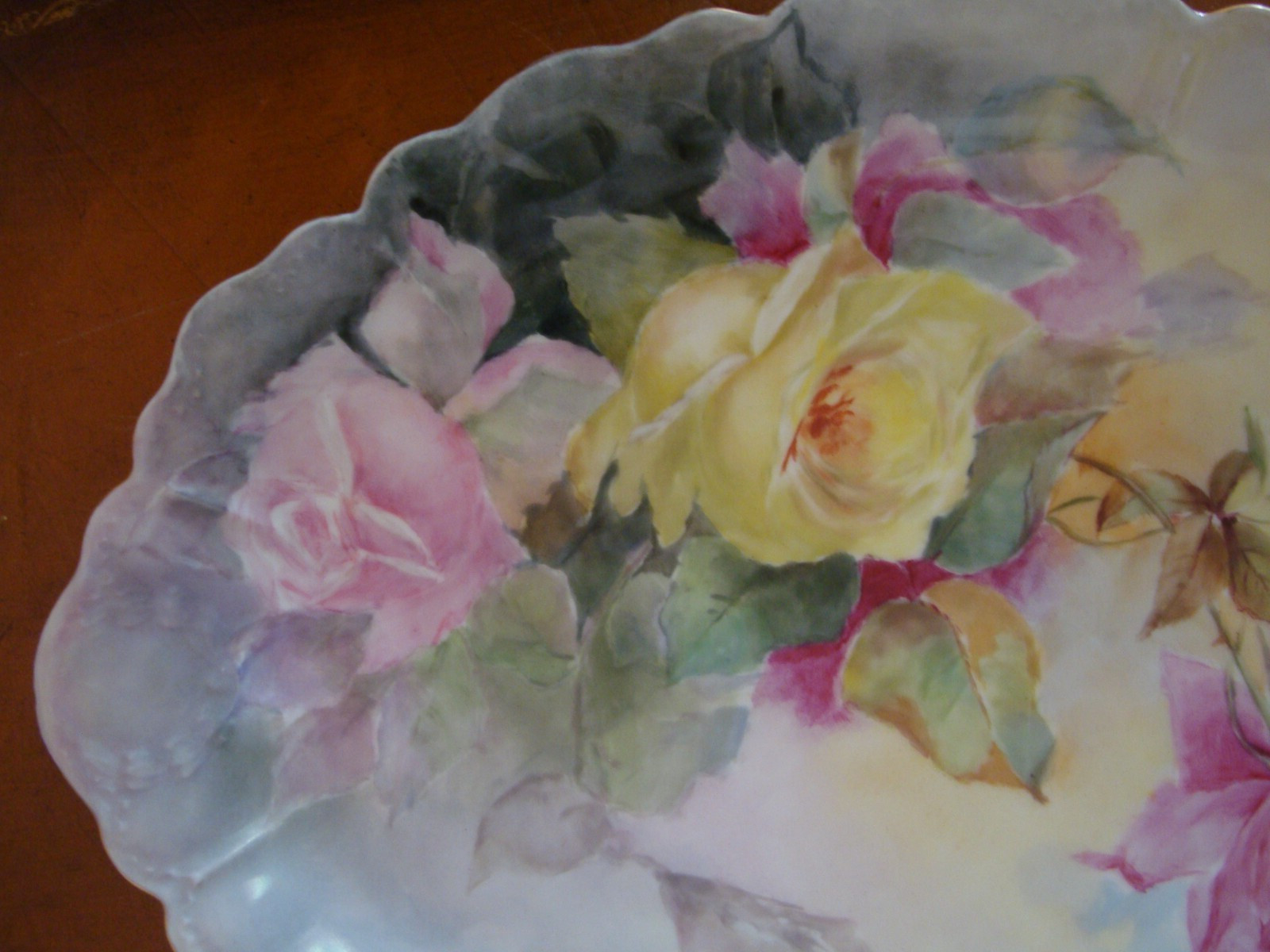 ANTIQUE LIMOGES HAVILAND FRANCE 14″ LARGE HAND PAINTED ROSES PLATE PLATTER TRAY