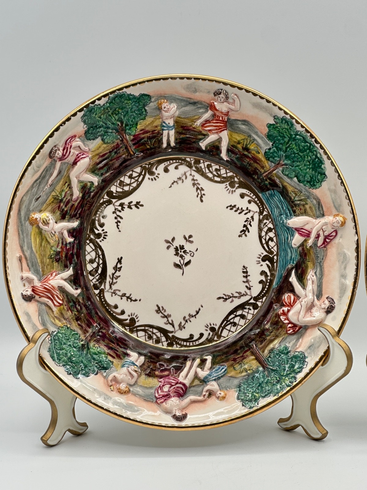 Pair Vintage Italian Capodimonte 7.5” Hand Painted Figural Relief Plates