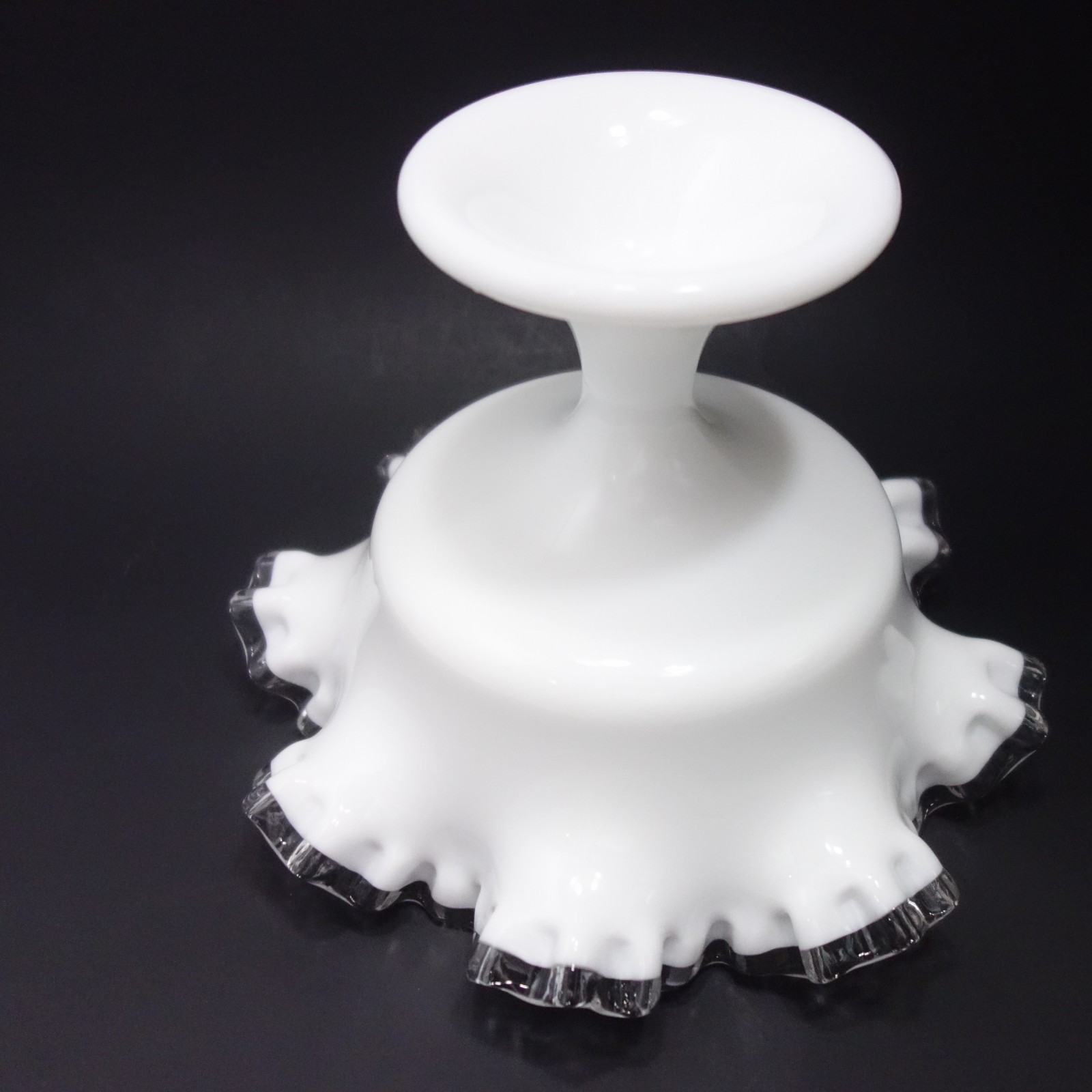 Vintage Fenton Silver Crest Milk Glass Footed Pedestal Bowl Ruffled Edge 6″ Tall