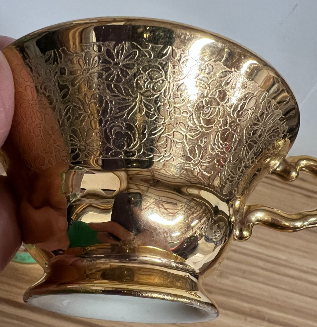 2 Victoria China Czechoslovakia Tea cups with 24K Gold Encrusted Trim -Vintage