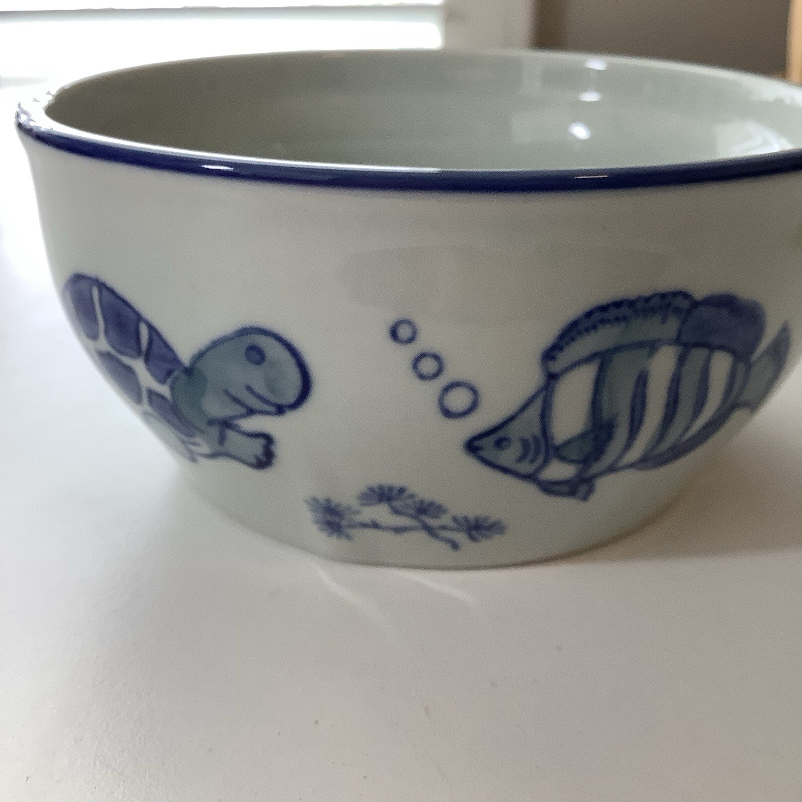 Yokohama Studio Hand Painted Bowl With Cobalt Blue Turtle And Fish Accents