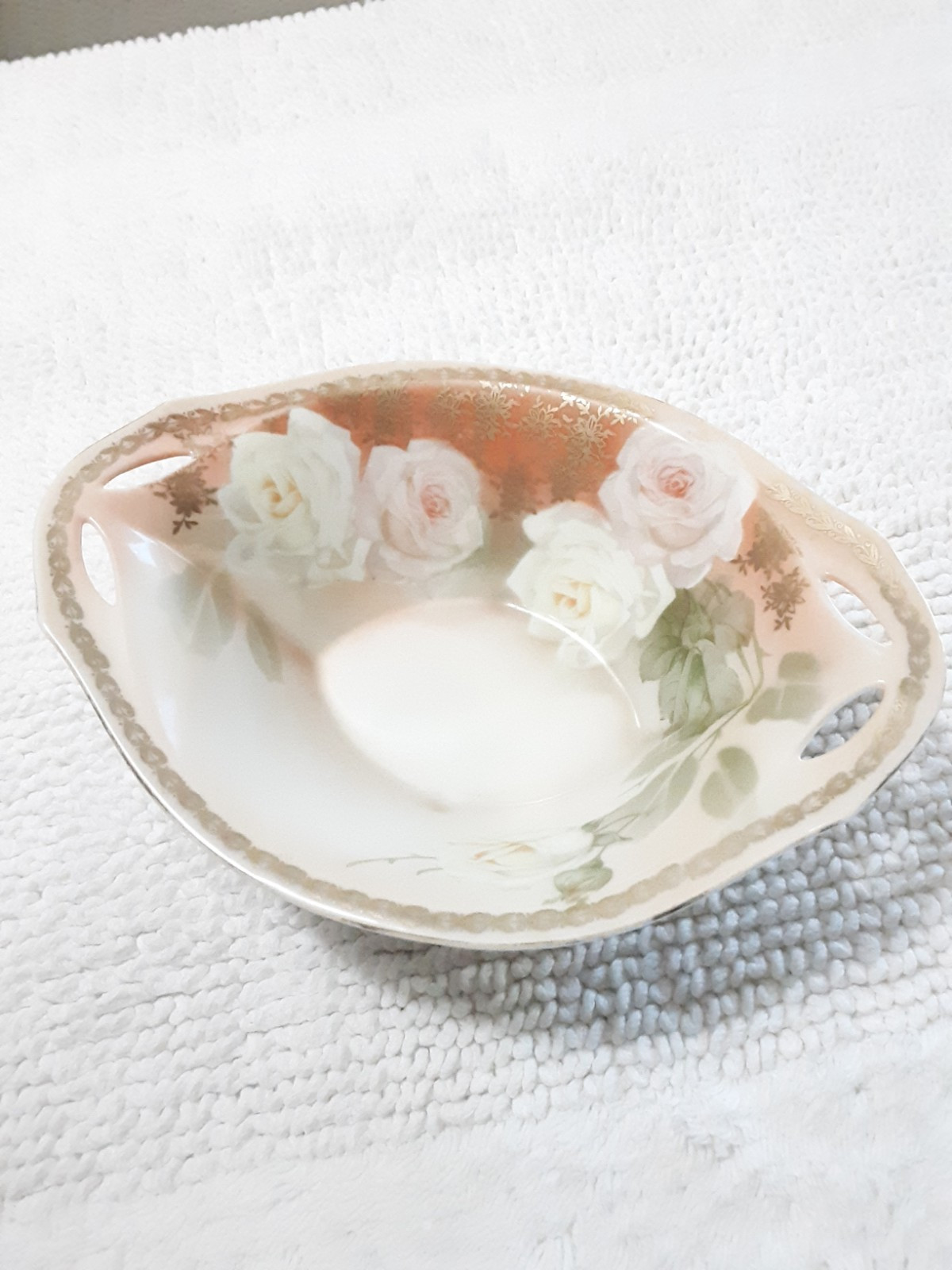 RS Tillowitz Silesia Bowl Oval Footed Pale Peach Orange white Pink Roses 8″