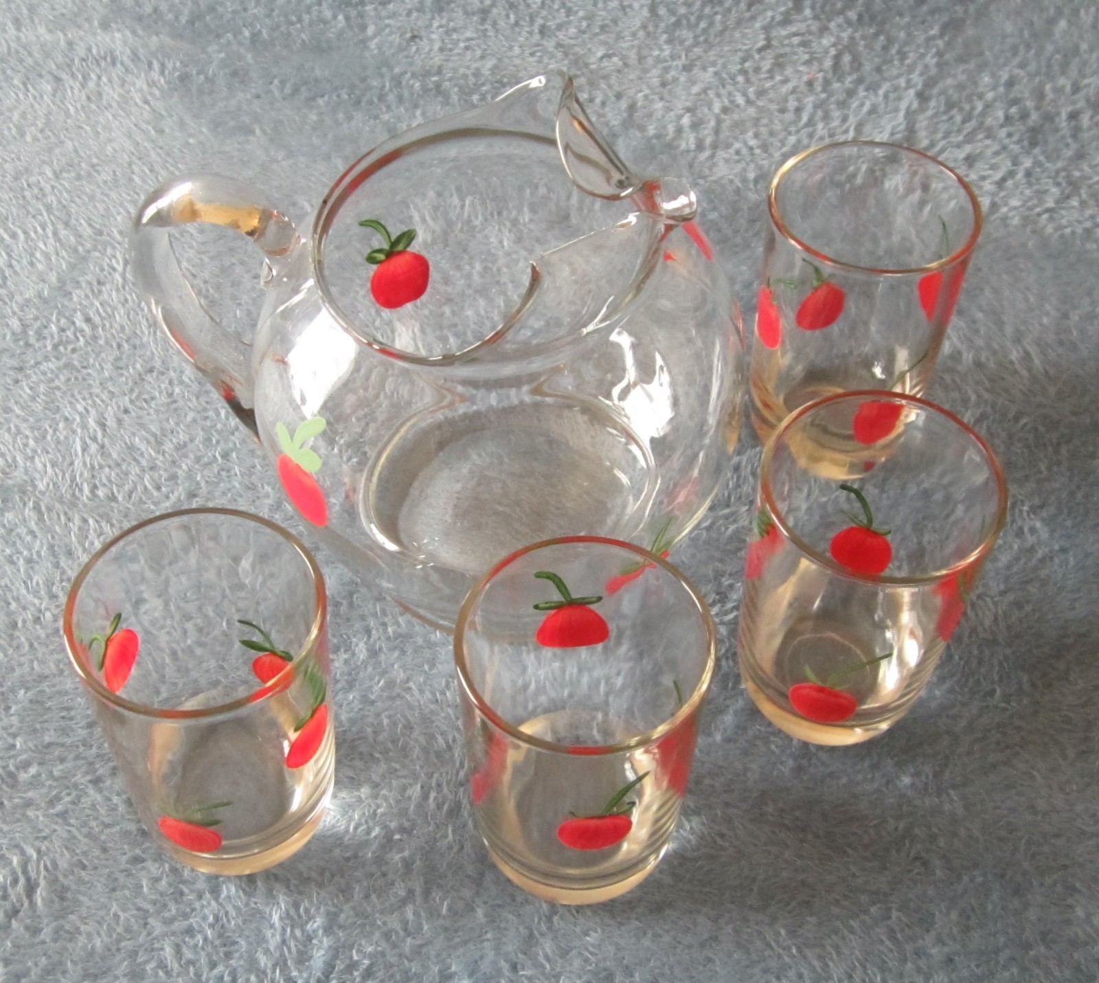 Apple/Cherry? Pitcher & 4 Juice Glasses Home Decor Hand Painted?
