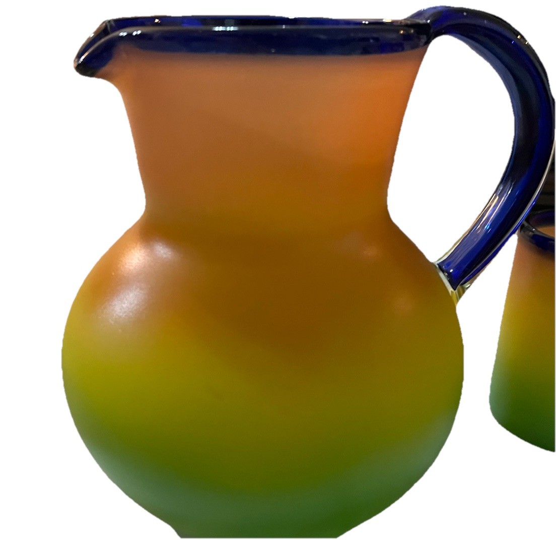 Hand Blown Orange Yellow Green Cobalt Blue trim 6 Tumblers & Pitcher