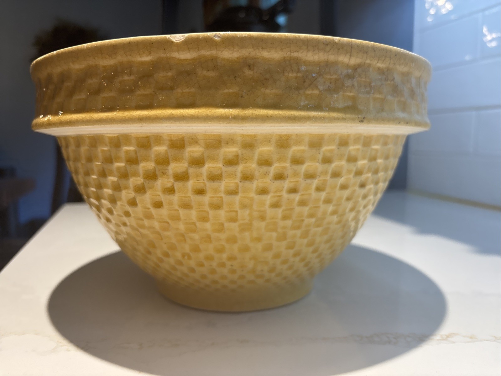 Antique Rare McCoy Yellow Ware Pottery 10.25 Inch Checkerboard Large Mixing Bowl