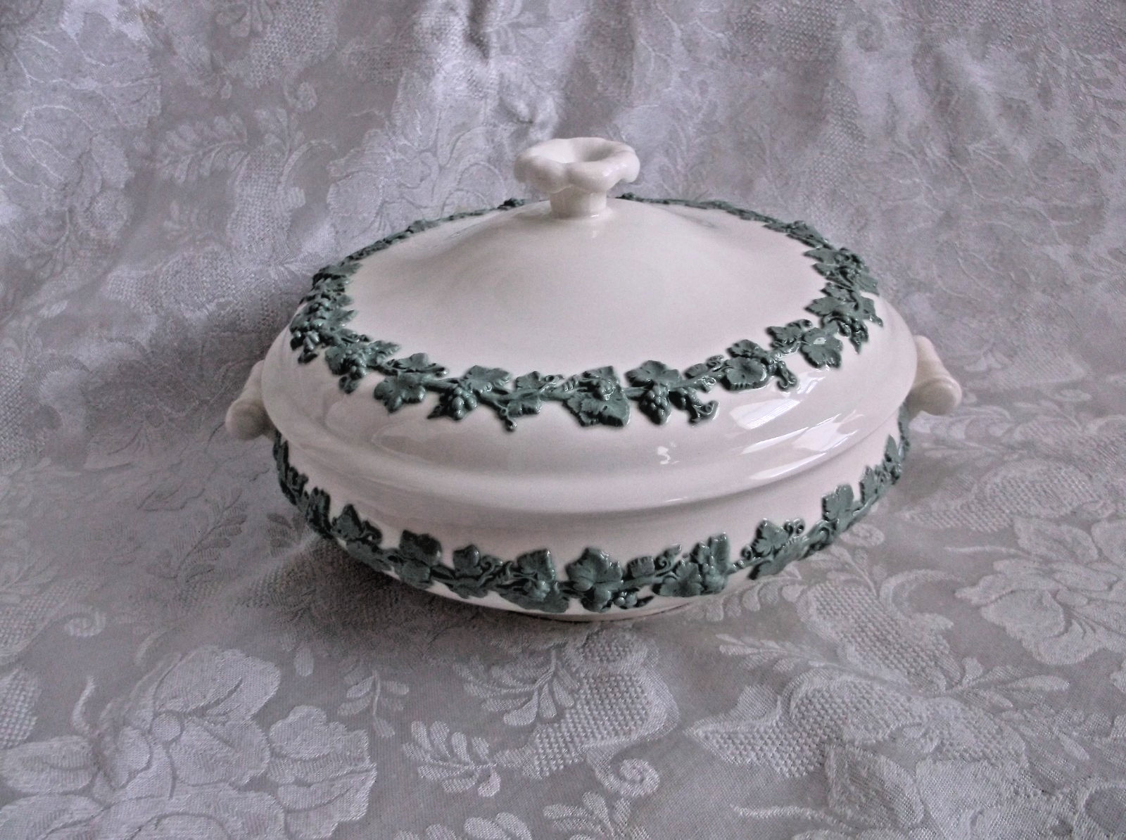 Wedgwood Embossed Queensware Celadon on Cream Covered Vegetable Bowl 8¼”