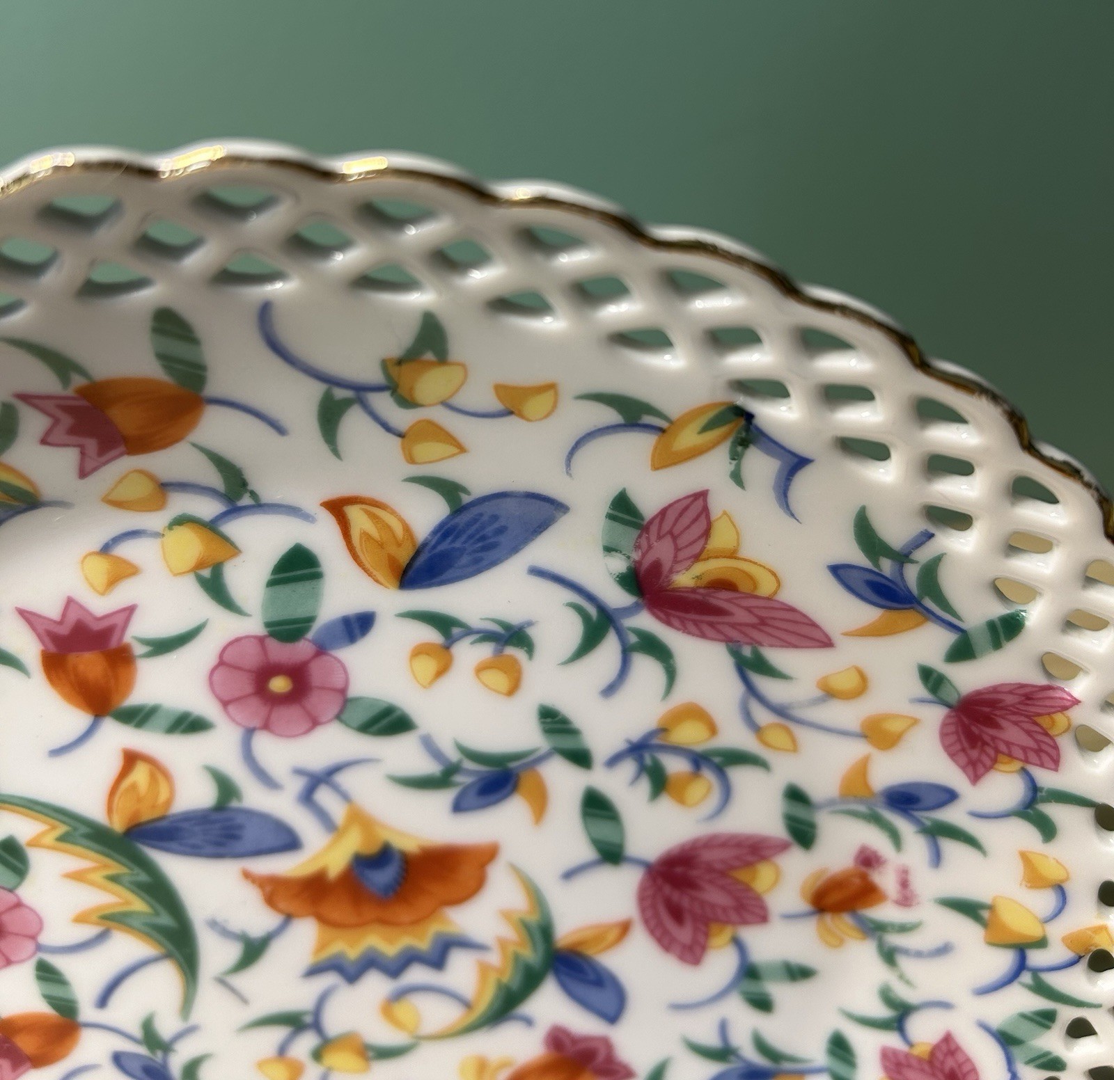 German Floral Decorated 7.5” Plate Reticulated Weaved Border Gold Detailing (4)