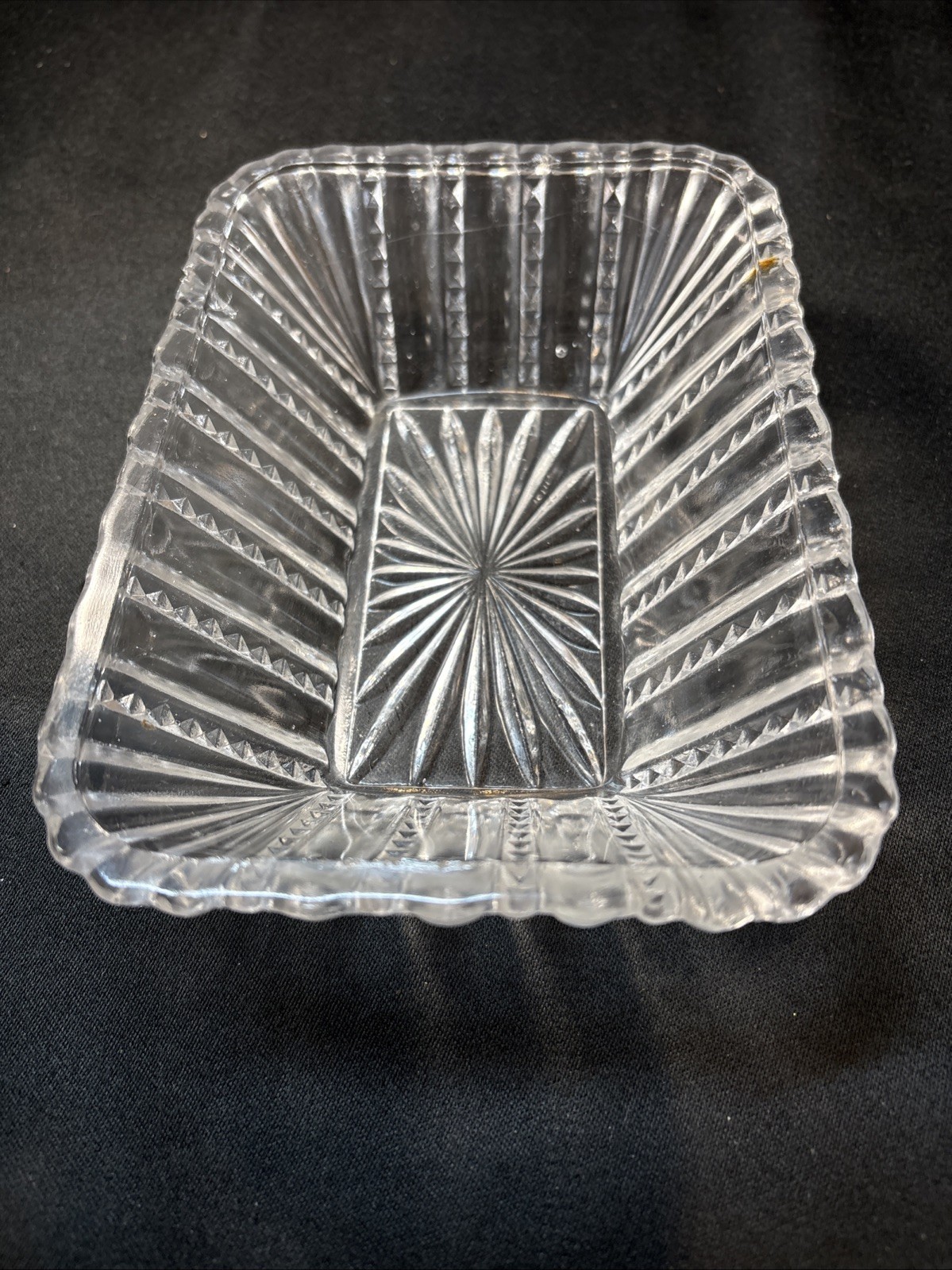 Antique Early 1900’S Pressed Glass Candy Dish Sunburst Clear 7”X5”Rectangular