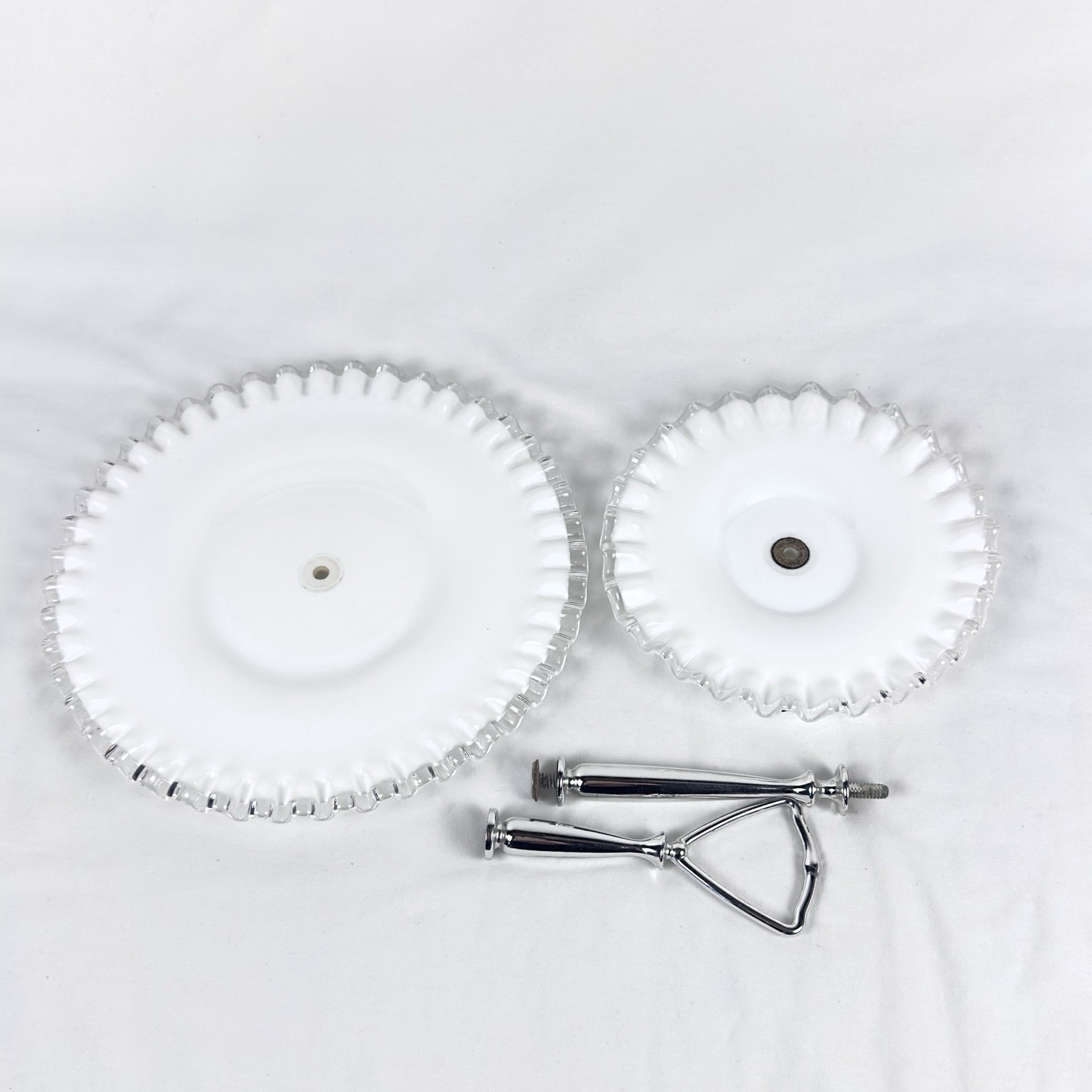 Fenton Silver Crest 2 Tier Server Tray Appetizer Candy White Milk Glass Ruffled