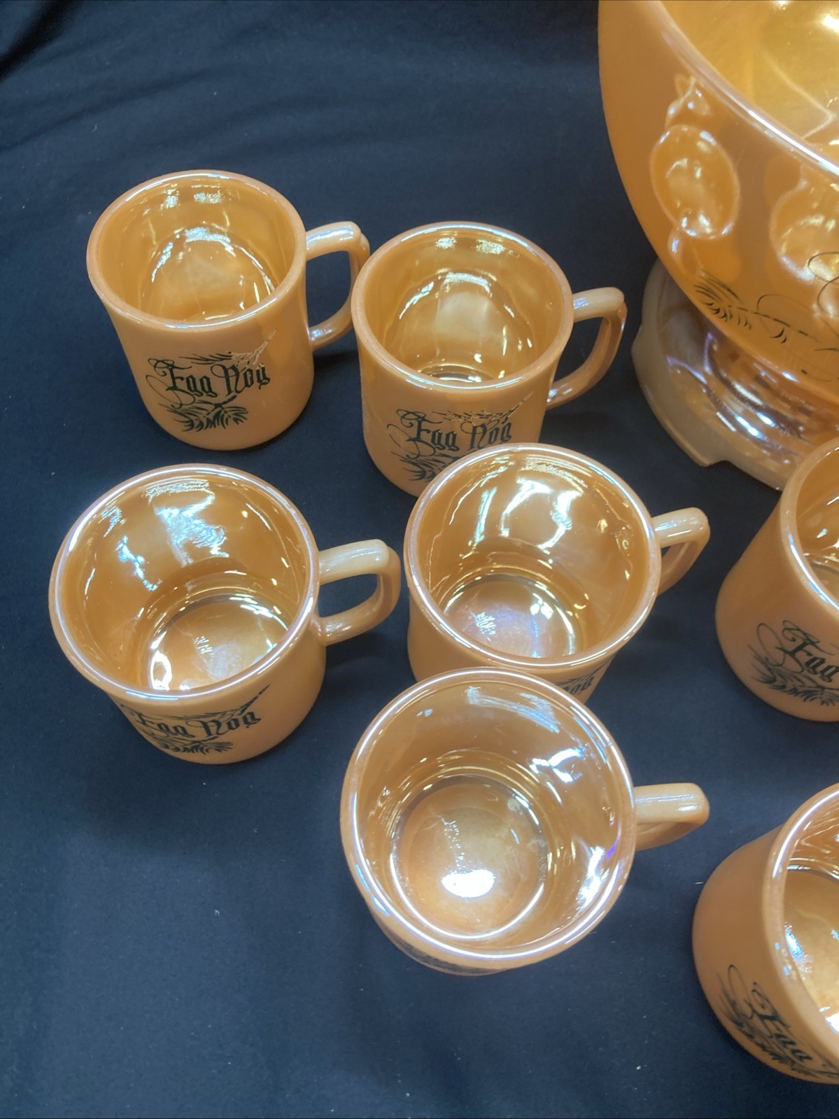 eggnog punch bowl set vintage Tom & Jerry Peach Luster Fire King W/stand 12 Cups
