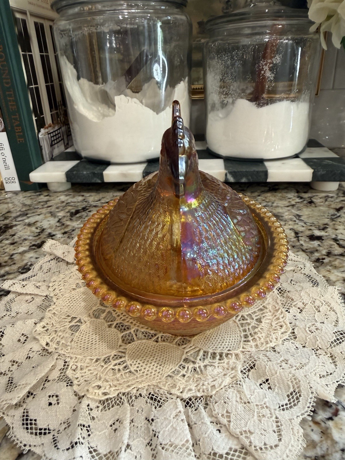 Indiana Glass Amber Carnival Hen On a Nest 7″ Candy Dish