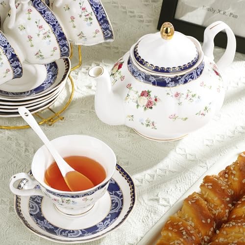 Bone China Tea Sets for Adults, 21-Piece Blue Lace and Roses Blue and Roses