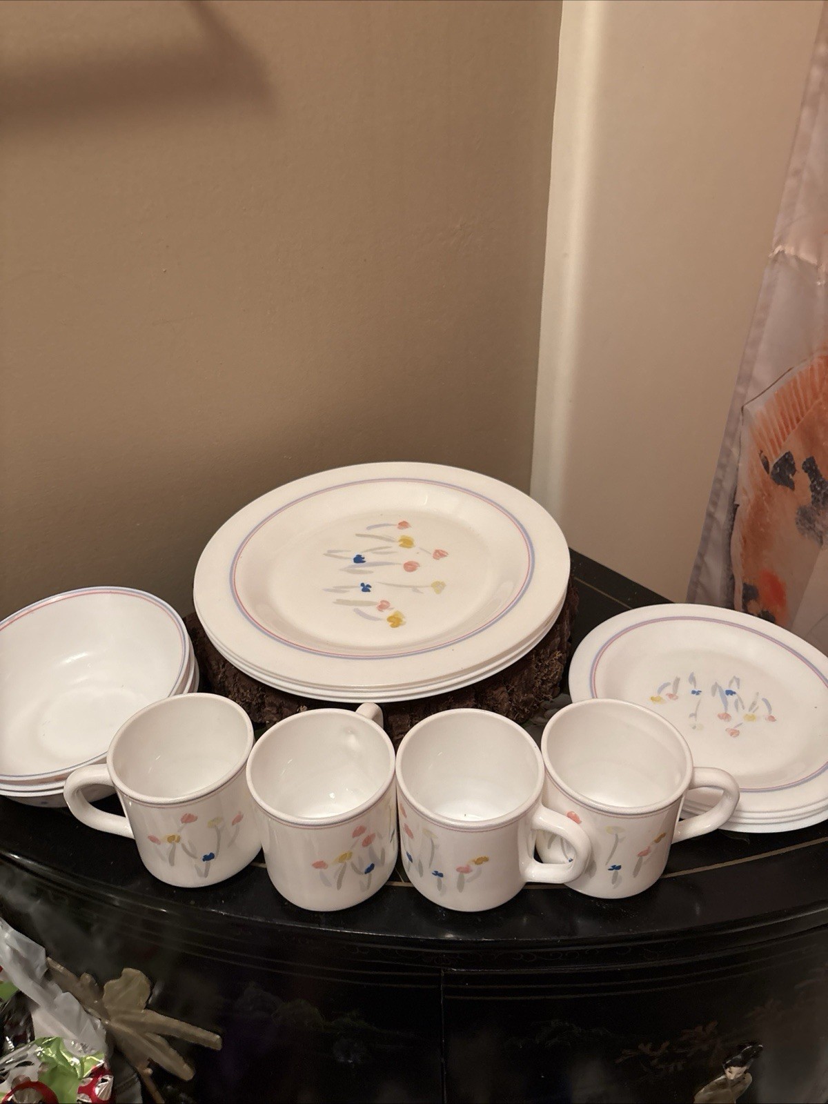 ARCOPAL France PASTORAL Vtg. Milk Glass 4 Salad 4 dinner, 3 soup bowls 4 Mugs