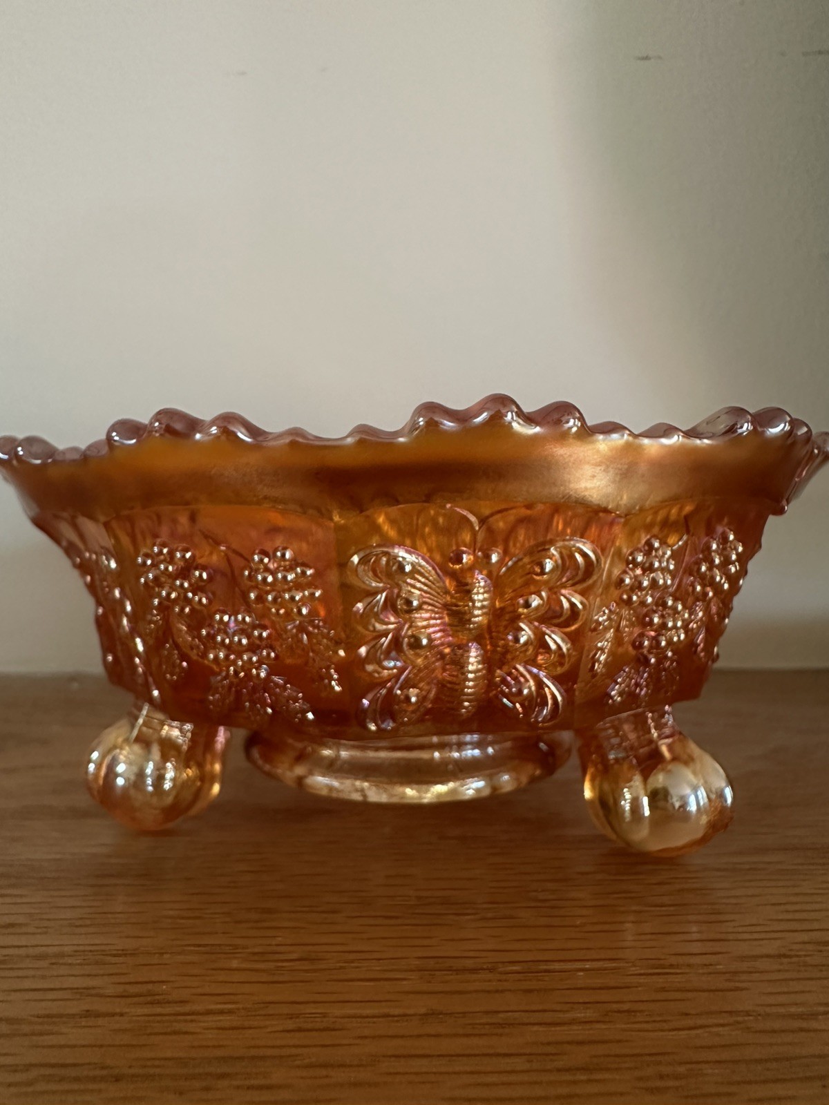 Fenton Marigold Carnival Glass Panther Fern Footed Console Bowl 5″ Antique