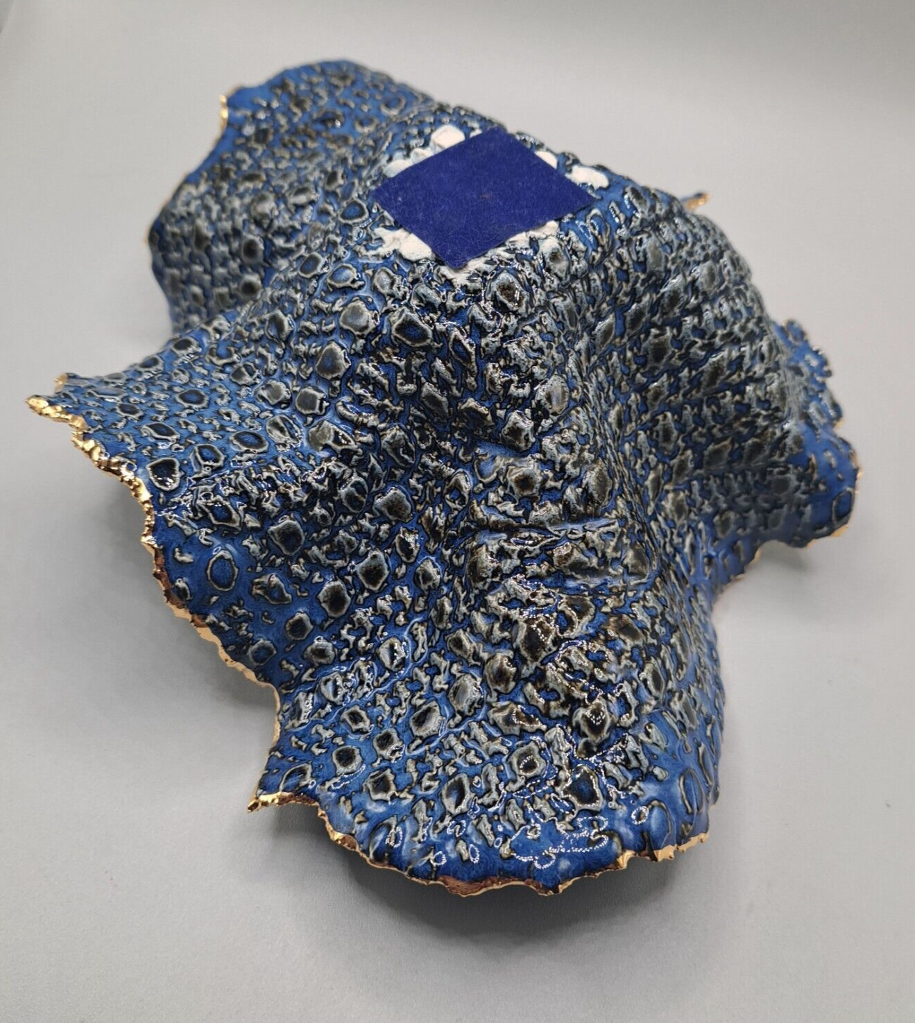 Freeform handkerchief Pottery Bowl Blue Unsigned Cobalt/Gold Trim OrganicTexture