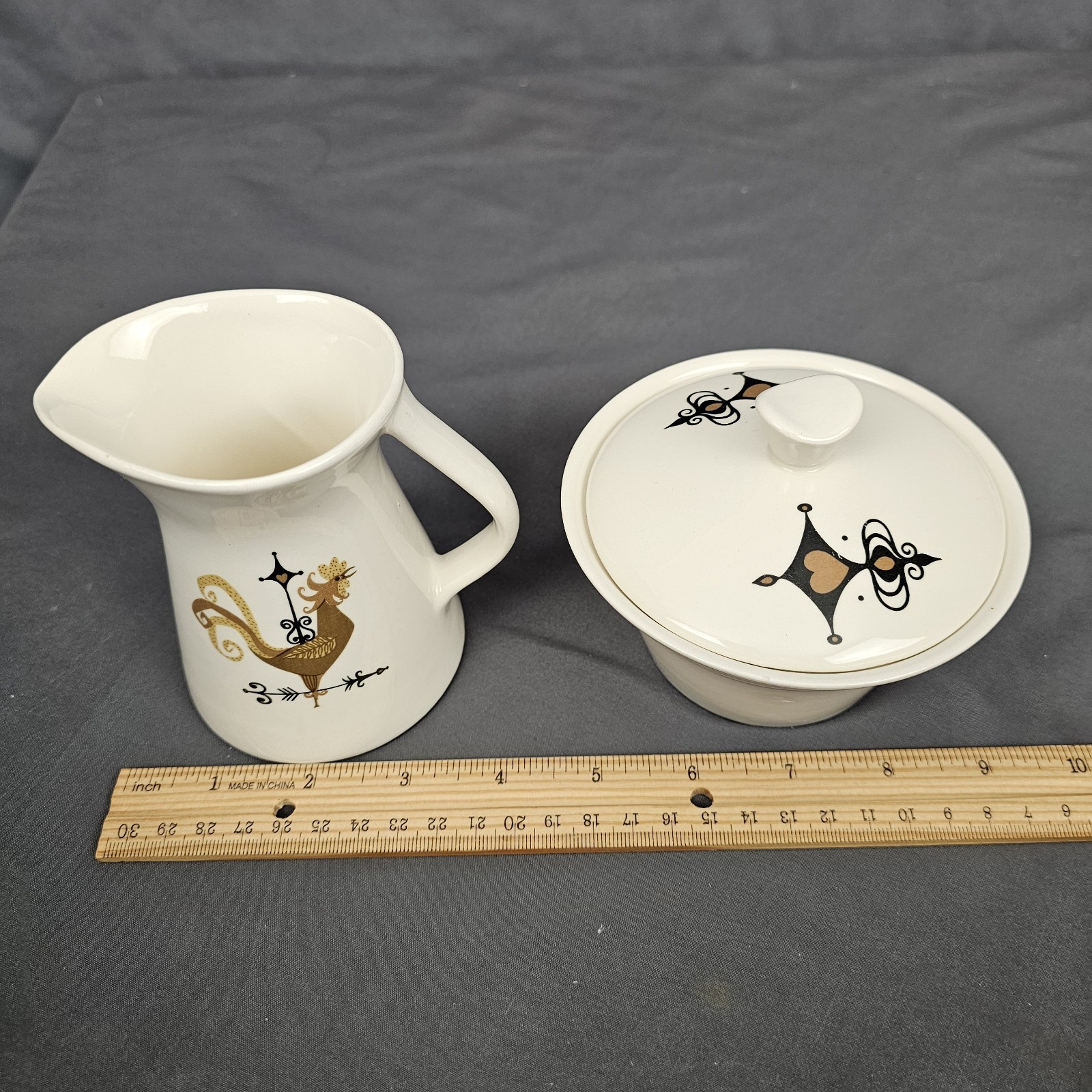 Weather Vane Edwin Knowles Rooster Creamer and Sugar Bowl w Lid Set MCM