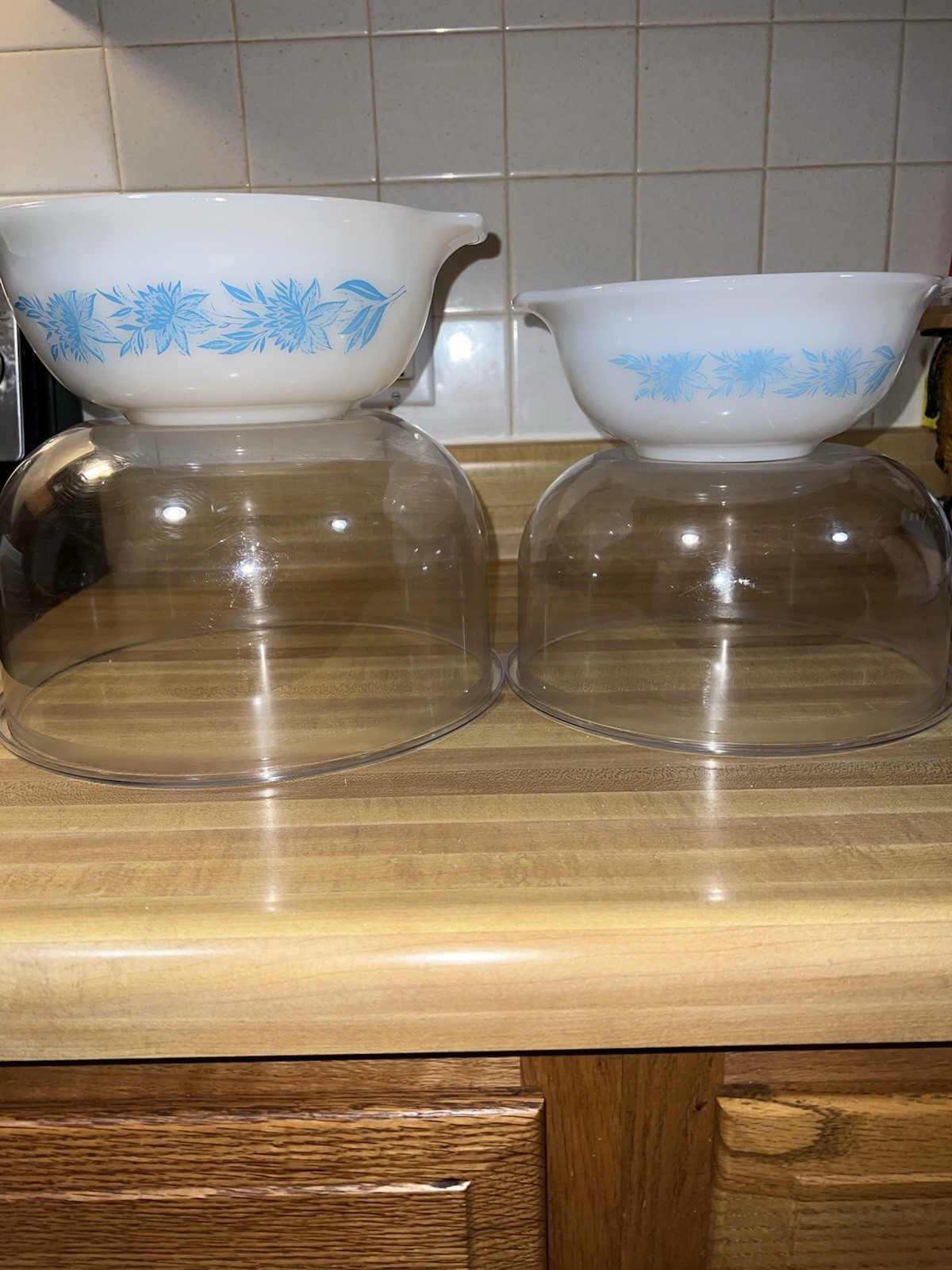 Vintage Glasbake Milk Glass Blue Thistle Flower Bowl Set Of 2 EUC 8.5 And 9”