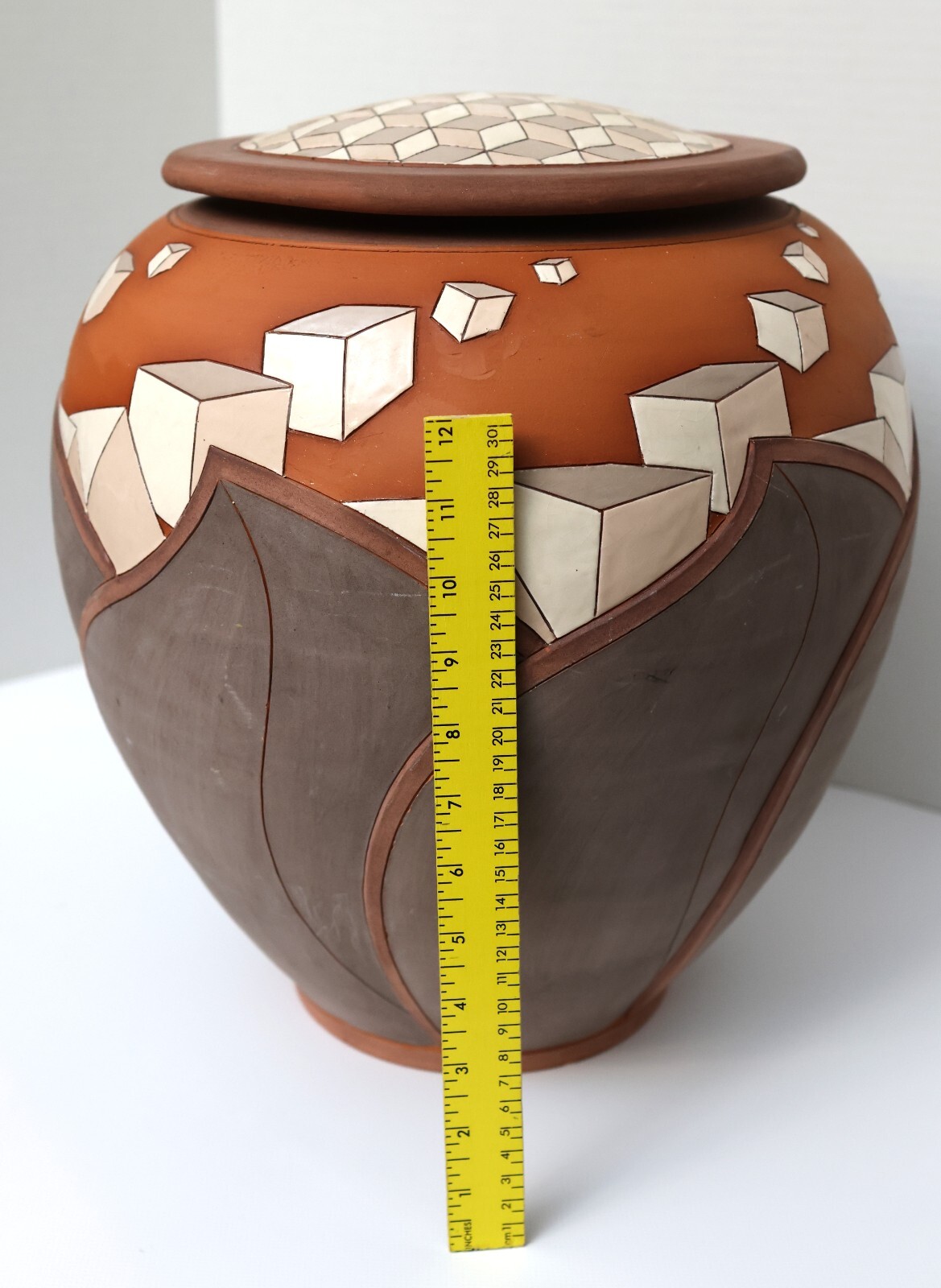Don Cornett Lidded Pottery Optical Illusion Geometric Polychrome Signed 16″ High