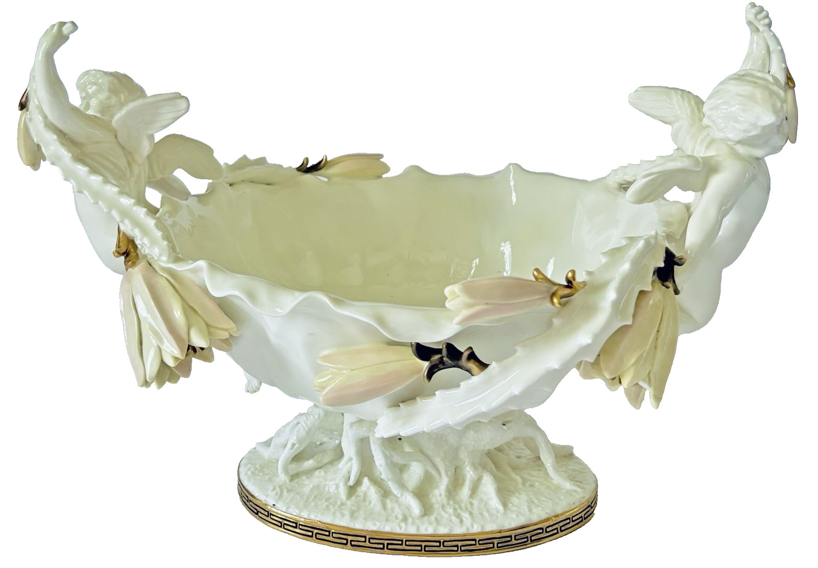 Antique Moore Bros. English Porcelain Cactus Flower Double Cherub Centerpiece