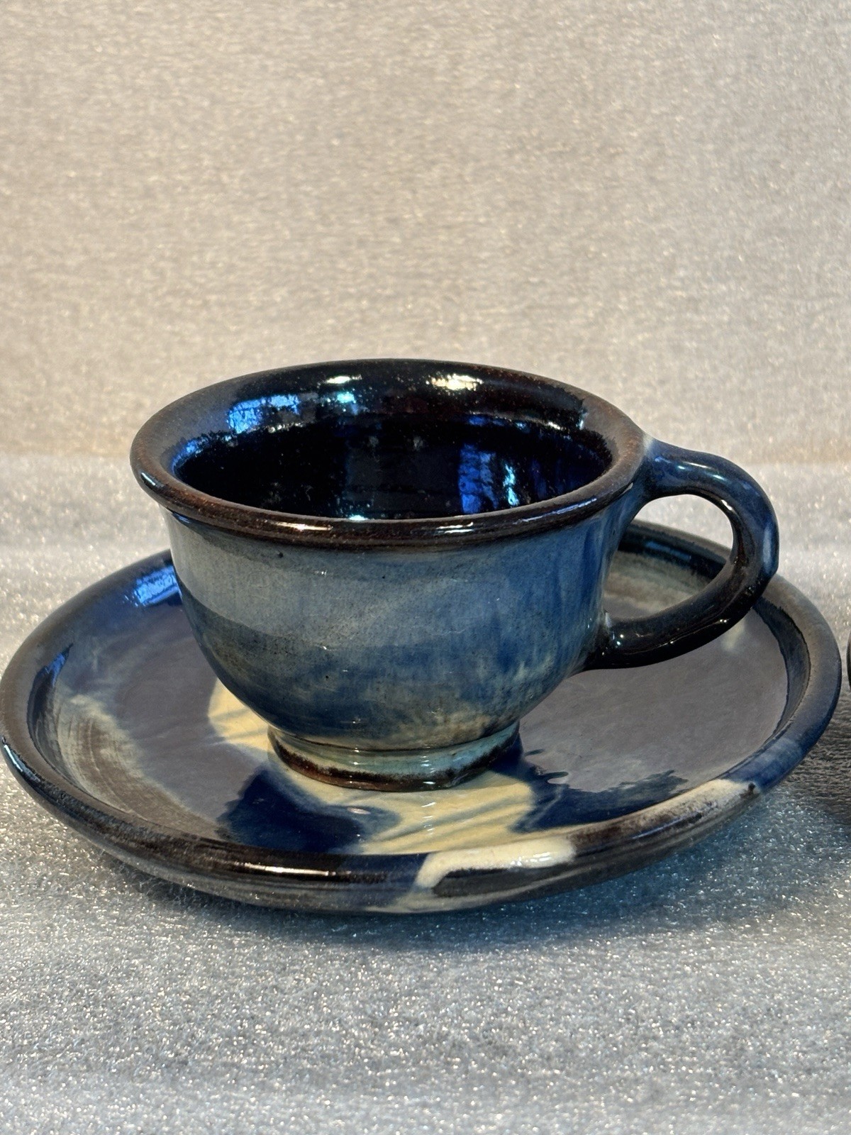 Studio Ceramic Pottery 2 cups & 2 Saucers Hand-Made Brown Blue Yellow