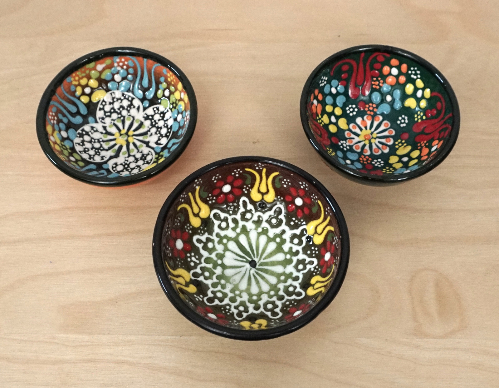 3 Small Handmade Painted Ceramic Floral Multicolor Decorative Dish Bowls