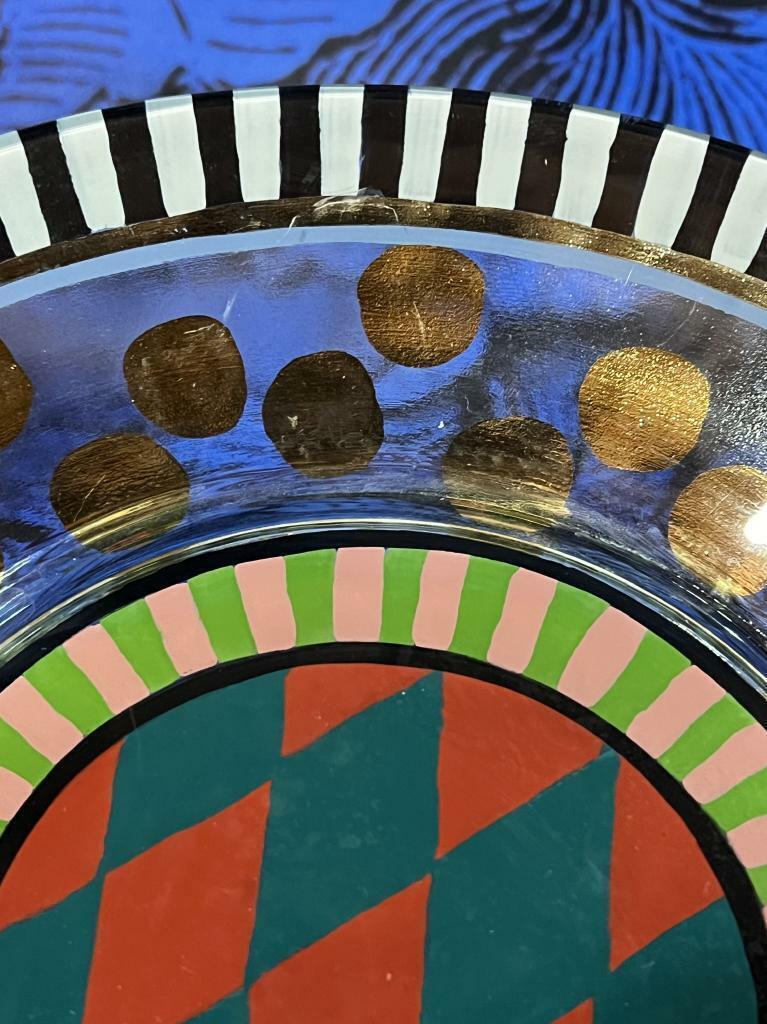 McKenzie-Childs Hand Painted 9″ Circus Carrera Glass Plate and Tumbler Set